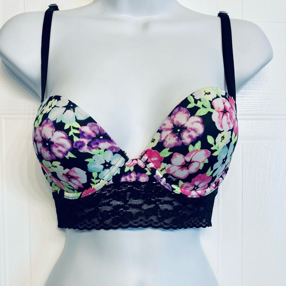 Victoria's Secret PINK Longline Bra Womens 34C‎ Black Floral Lace Trim Bustier